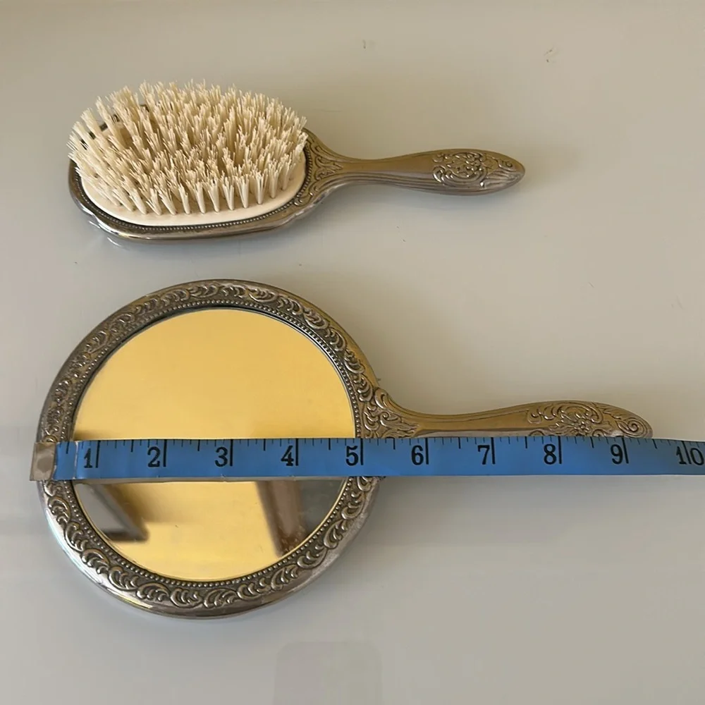 Vanity Hand Held Mirror and Brush Set Ornate Victorian Silverplate